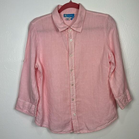 Fresh Produce Linen Pink Roll Tab Sleeve Button Down Shirt Size M - Picture 1 of 10